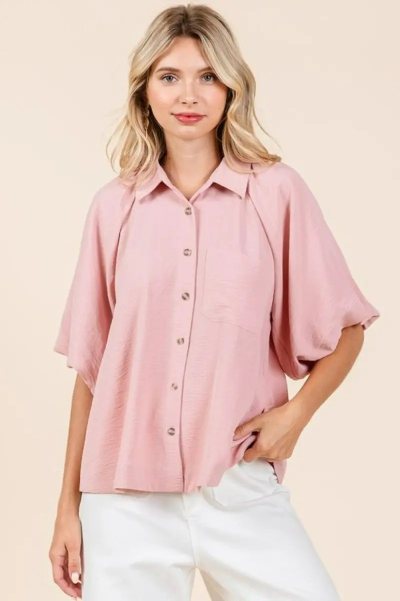 Mittoshop Airflow Short Bubble Sleeve Button Down Shirt - Love Salve